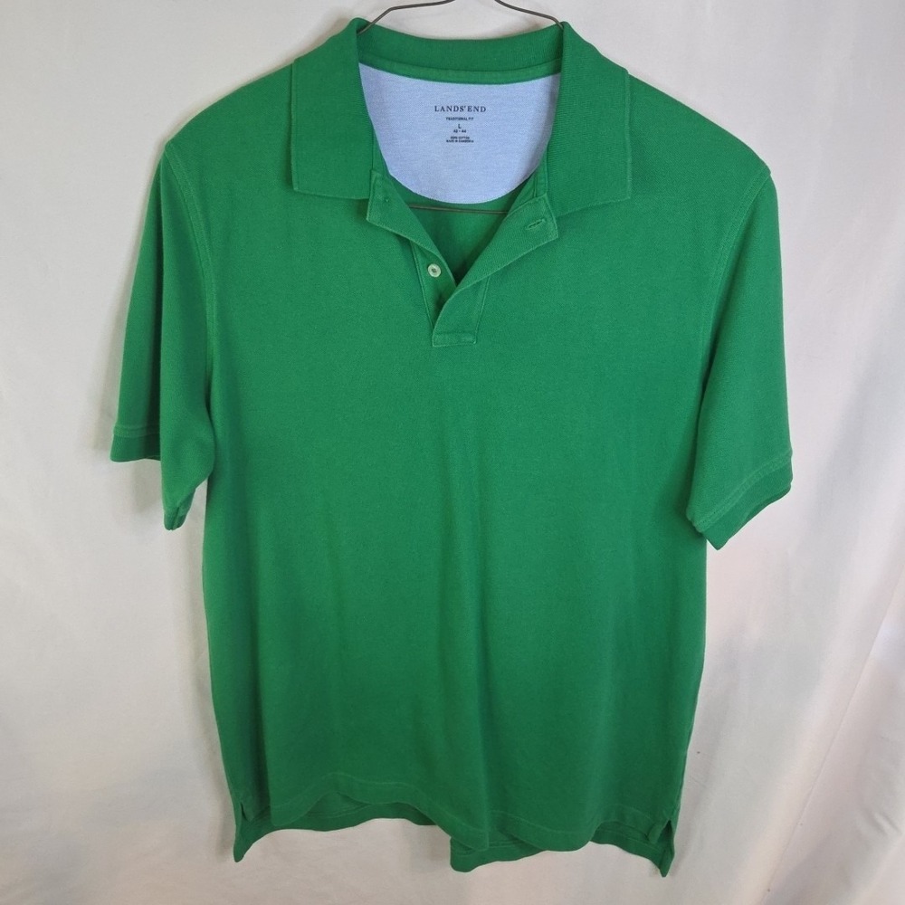 Lands' End Green Polo Men's Size L 42-44 Short Sleeve 100% Cotton Shirt.